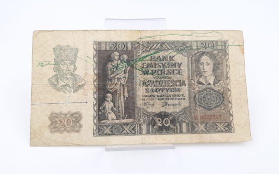 Stary Banknot kolekcjonerski Polska 20 zł 1940 - obrazek 3