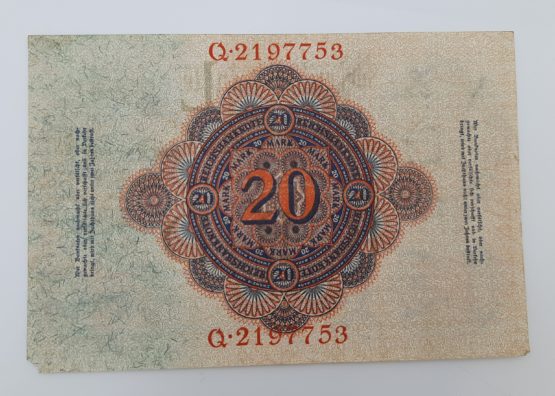 Stary Banknot kolekcjonerski Niemcy 20 marek 1914 - obrazek 3