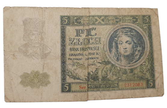 Stary Banknot kolekcjonerski Polska 5 zł 1941