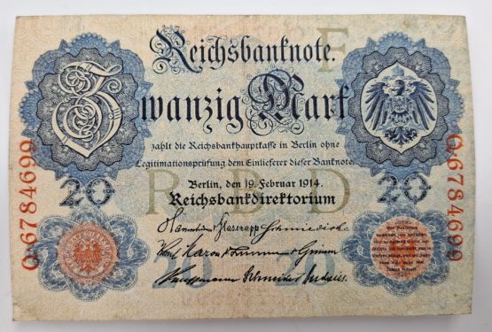 Stary Banknot kolekcjonerski Niemcy 20 marek 1914 - obrazek 2